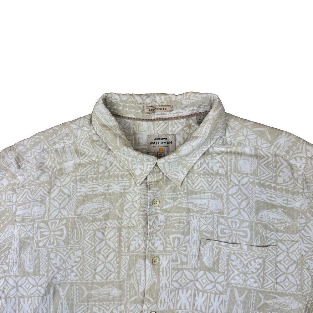 Quiksilver Waterman Shirt XXL Beige Fish Tribal Button Up Tailored Fit